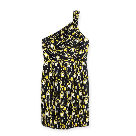 Milly Black and Yellow One Shoulder Geometric Silk Blend Mini Dress Size 8 - Picture 1 of 8
